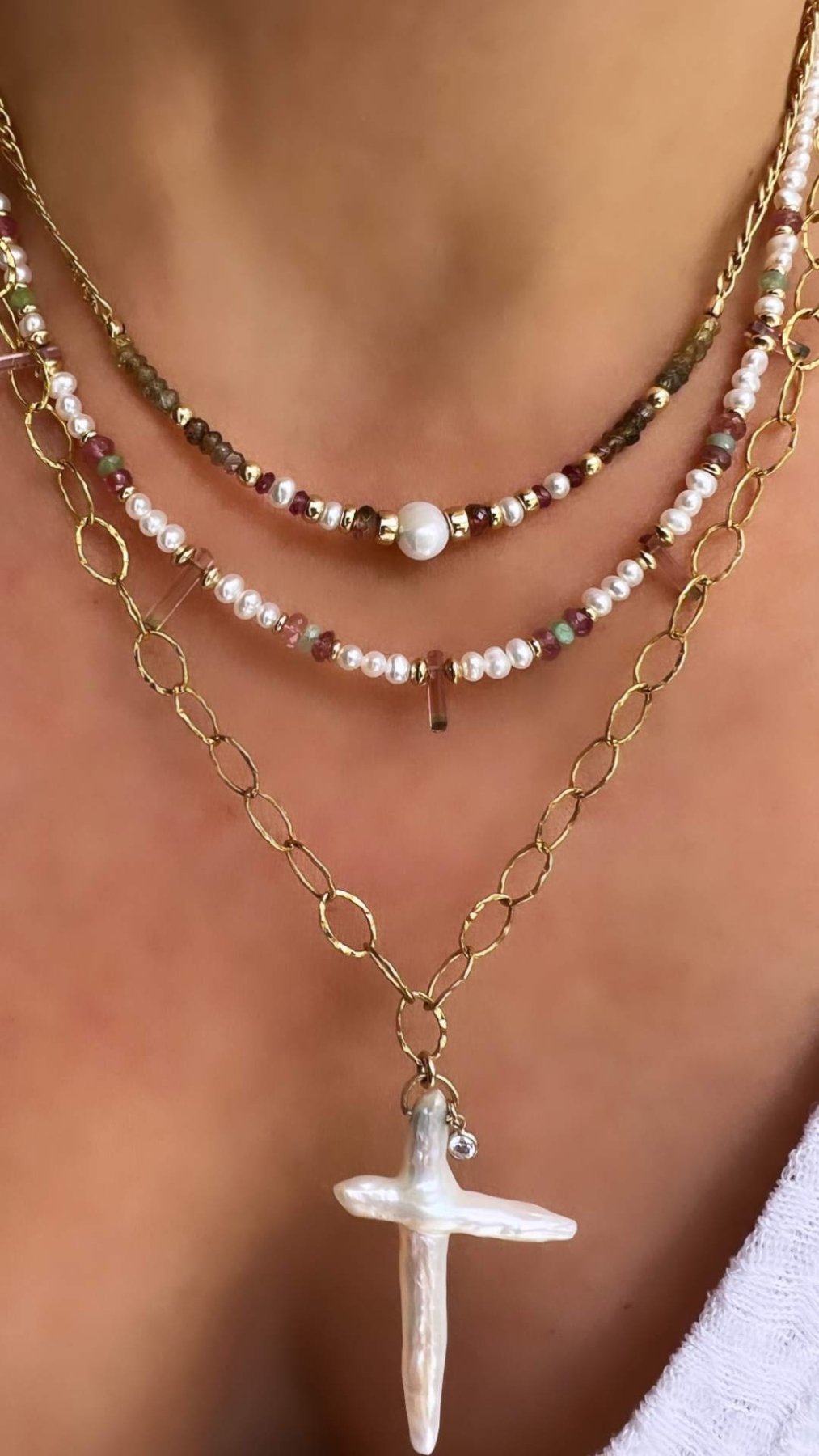 Tourmaline &amp; Pearl Gemstone Bead Necklace - Camille Jewelry